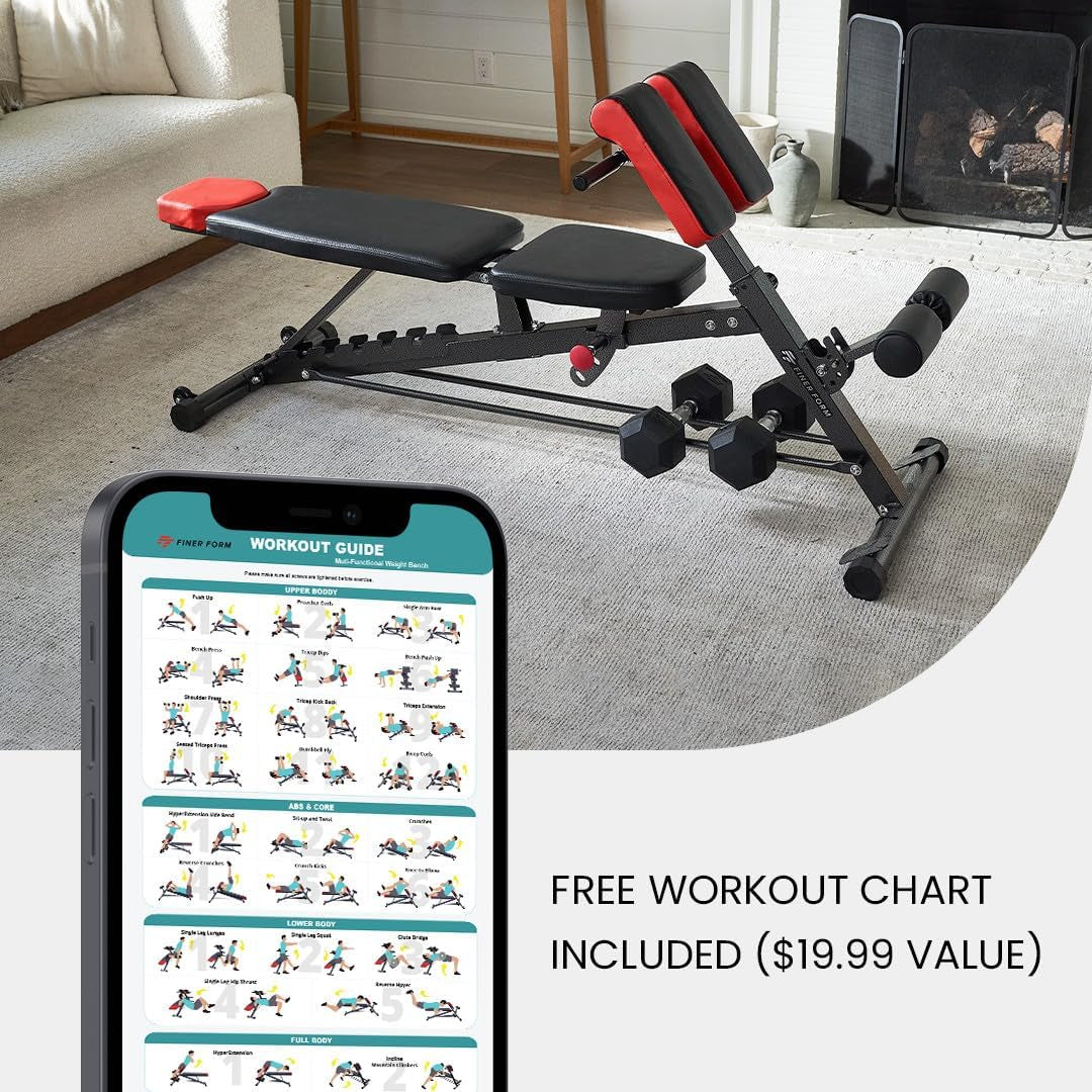 FID weight bench with preacher curl pad in a home gym setting, featuring a free digital workout guide on a smartphone.