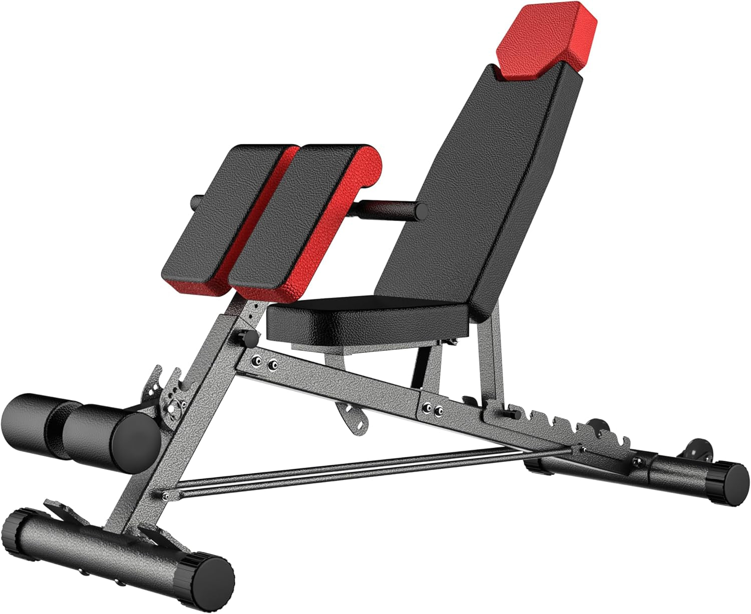 Multi-functional FID weight bench in an inclined position with red and black padding for home gym strength training.