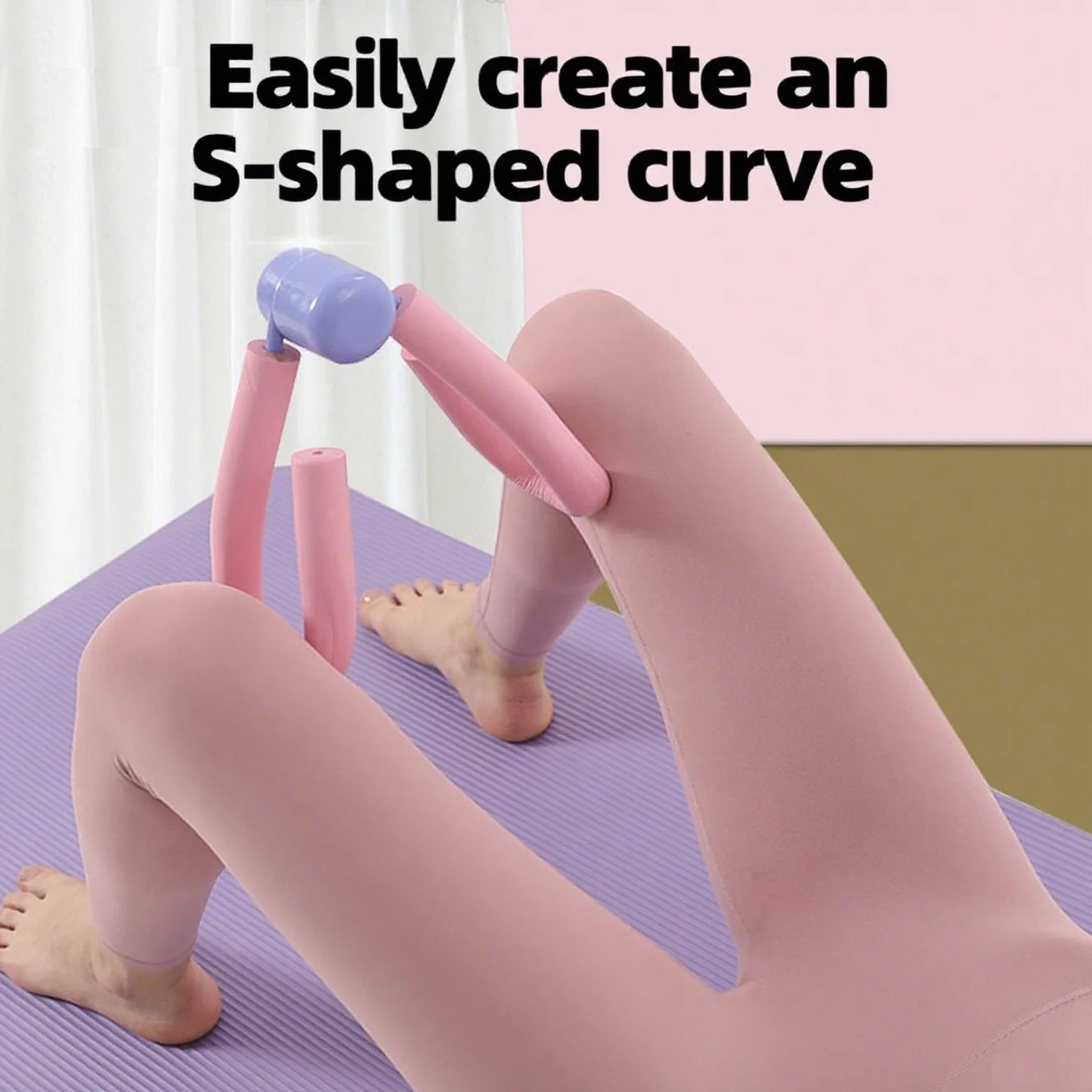 Pink Pelvic Power Pro trainer being used by a woman on a yoga mat to strengthen inner thighs and core muscles.