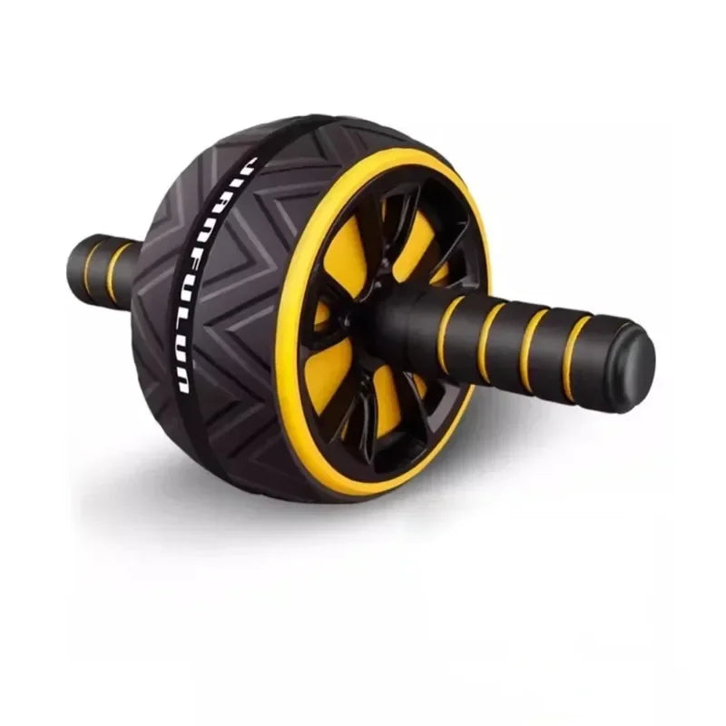 Dual-wheel ab roller in black and yellow with textured tire tread and non-slip handles for core fitness training.