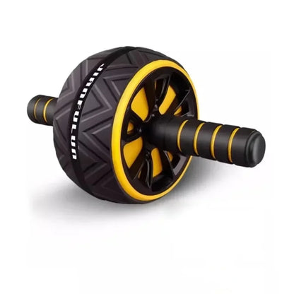Dual-wheel ab roller in black and yellow with textured tire tread and non-slip handles for core fitness training.
