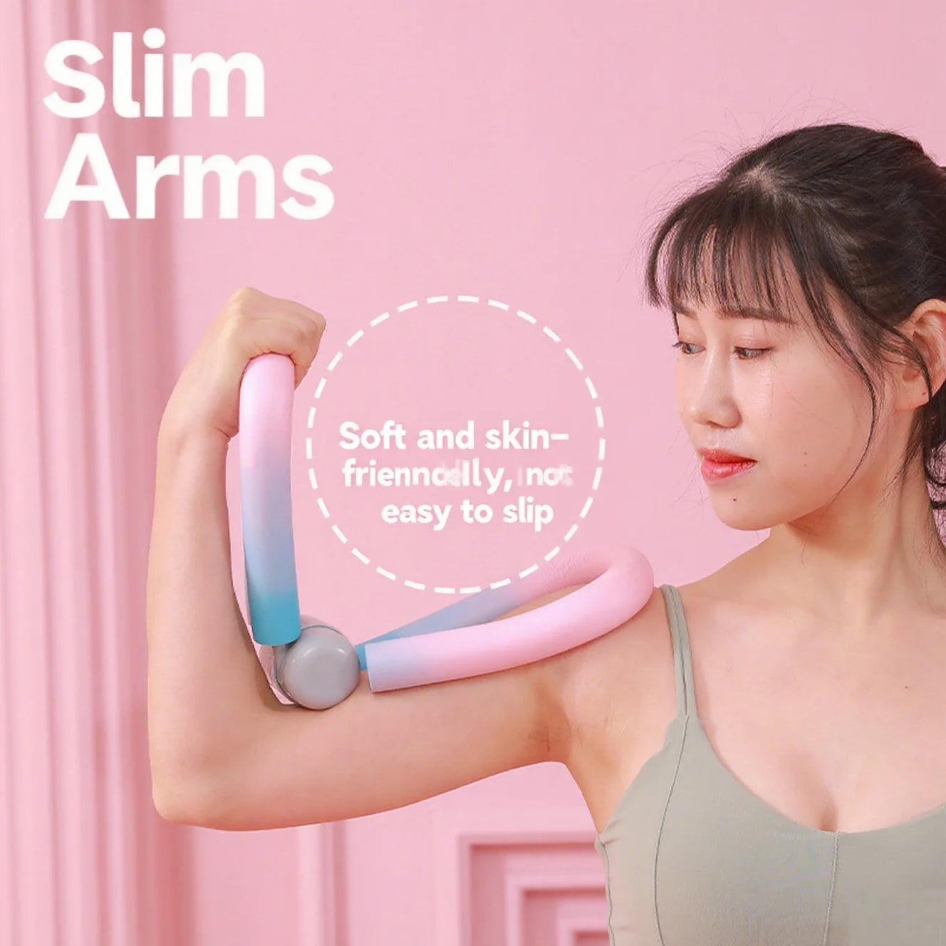 Woman using the Pelvic Power Pro trainer for arm strengthening exercises to tone biceps and triceps.