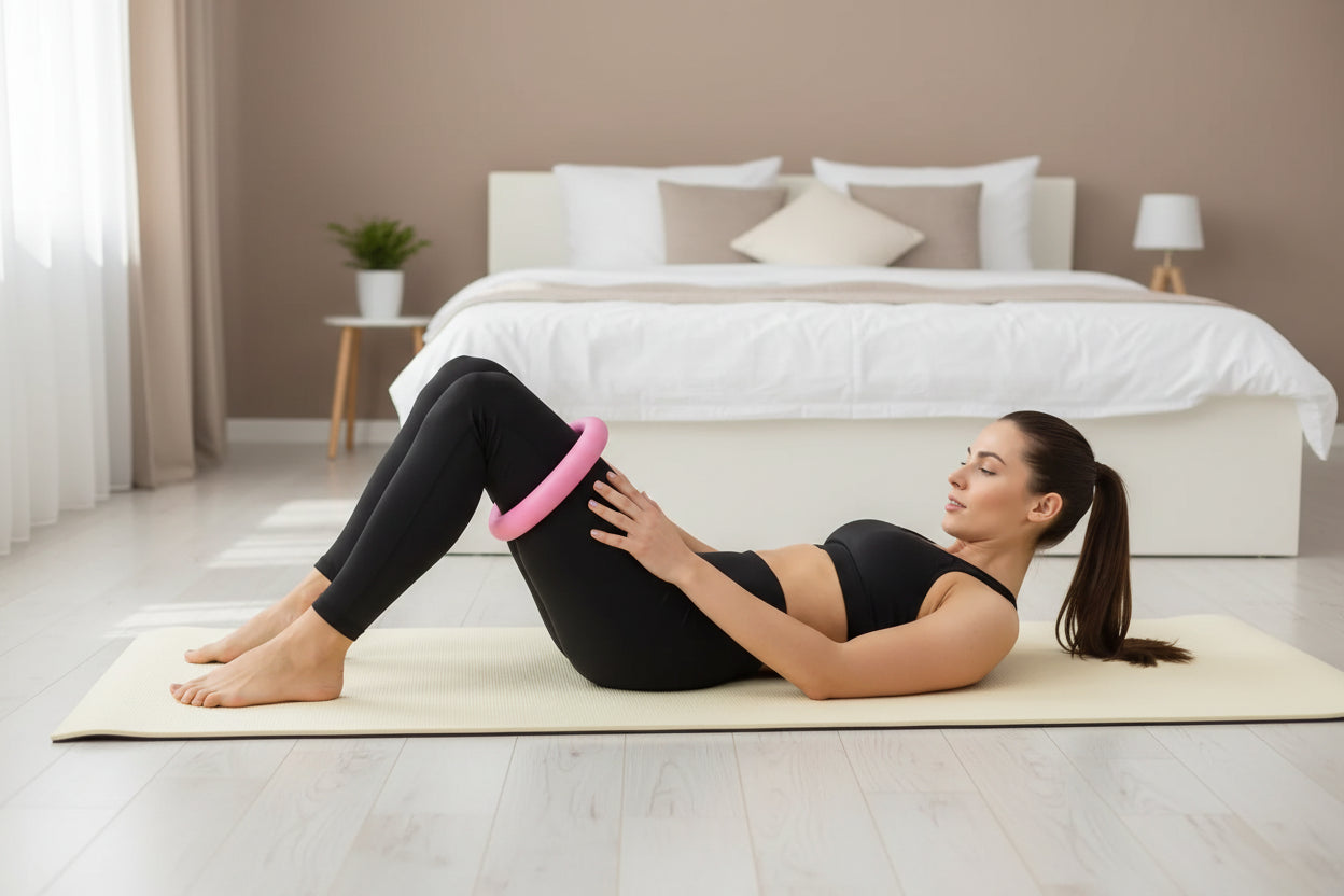 Woman using a pink Pelvic Power Pro trainer for inner thigh and kegel exercises on a yoga mat in a bedroom.