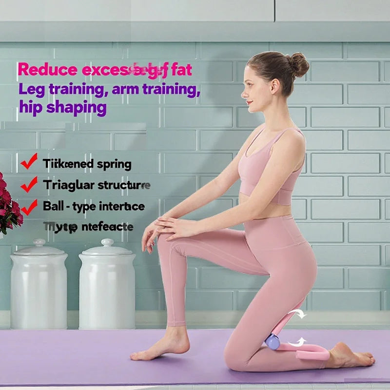 Woman using Pelvic Power Pro hip and thigh trainer for leg shaping on yoga mat, pink pelvic floor strengthener tool.