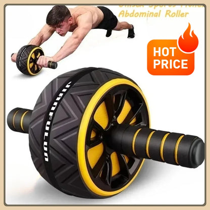 Man using a yellow and black dual-wheel ab roller for core exercise, featuring textured tires and non-slip handles.