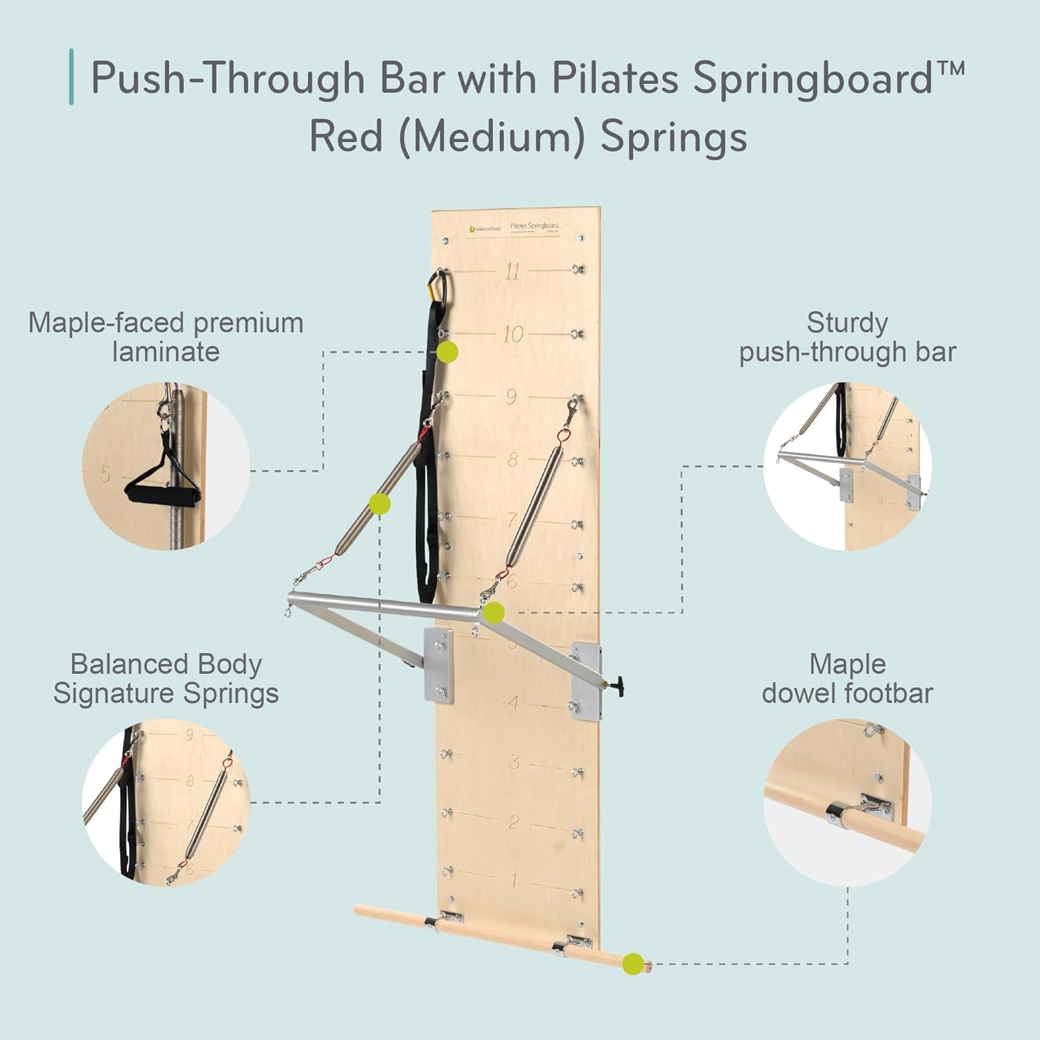 Pilates Springboard with Push-Through Bar, Wall Mounted Pilates Workout Equipment for Home Gym or Studio Use, Pilates Exercise Equipment with Resistance Springs