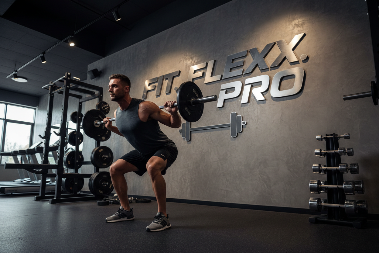 I want the picture on the wall to say "Fit. Flexx. Pro." Behind the man working out 